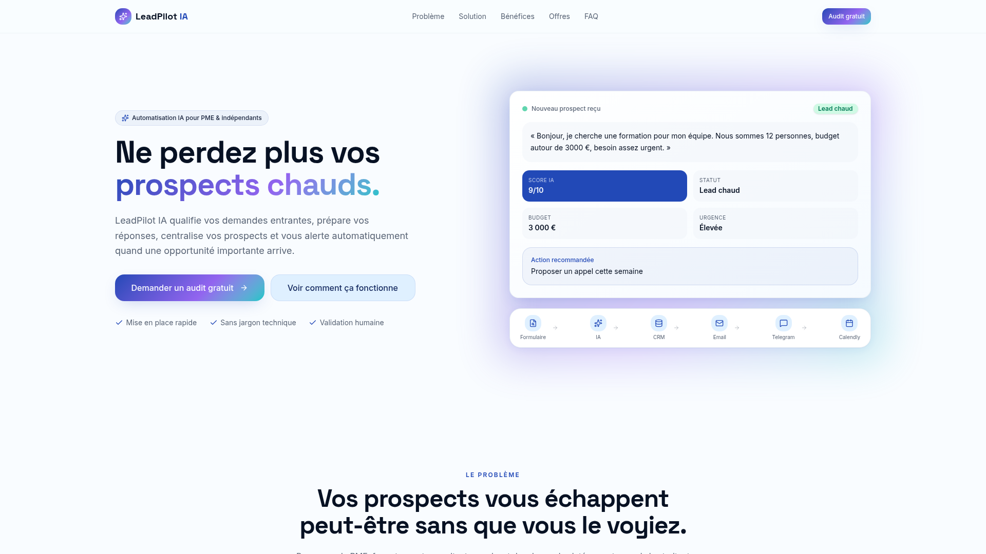 Site web réalisé pour LeadPilot, entreprise d'automatisation commerciale